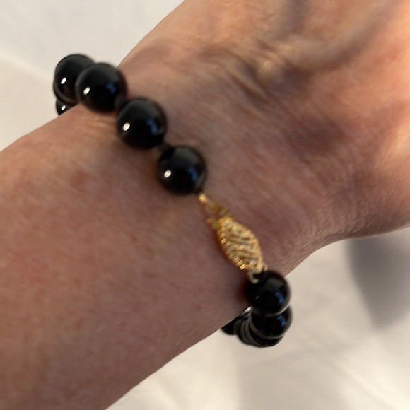 Black onyx beaded bracelet gold plated 925 filigree clasp - Picture 5 of 5